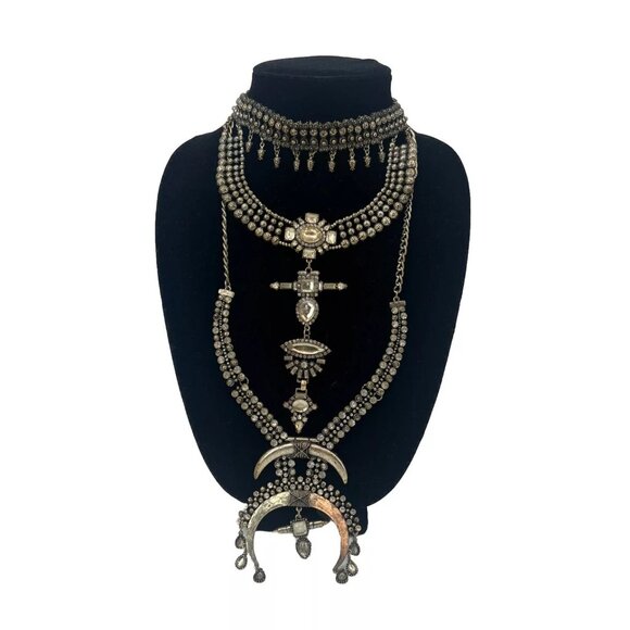 Free People Multilayered Antiqued Silver & Rhinestone Necklace - Picture 11 of 16